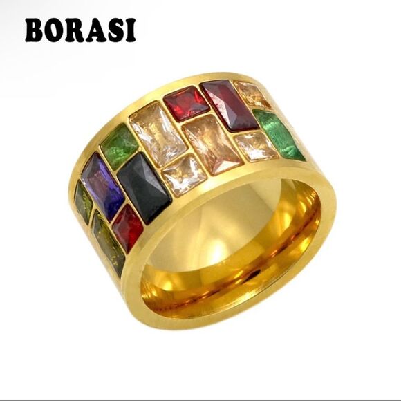 18K Gold Luxury Multicolor Wide Ring Size 6, 7, 8 Rainbow - Picture 2 of 5